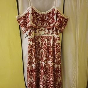 Saylor small red/white eyelet off-the-shoulder midi dress